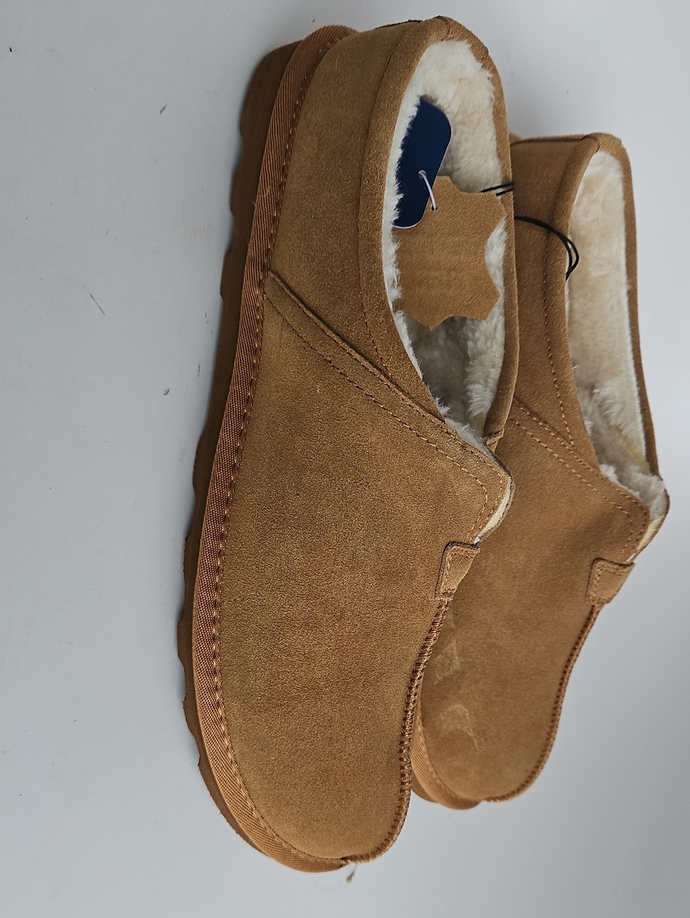 NWT Men's Suede Slip-On Shearling-Lined Moccasin Slippers - Tan